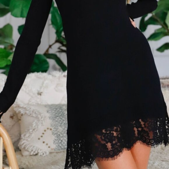 lace trimmed  Black Knit Sweater Dress classy event knitted sweater - Picture 7 of 7